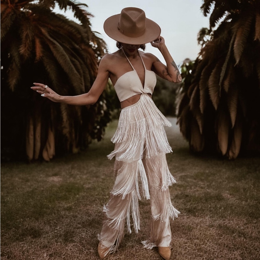 Chic Fringe Jumpsuit with Halter Neck - Picture 2 of 10